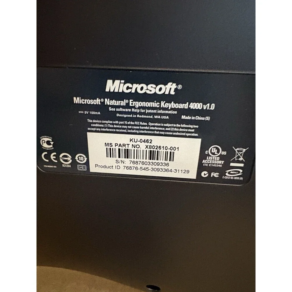 Microsoft Natural Ergonomic Keyboard 4000 v1.0 Wired USB KU-0462 Model 1048